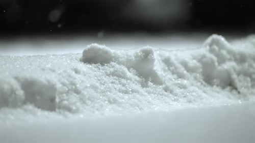 Snowfall close up, snow on the ground, snowflakes still falling, cold winter night, evening, static