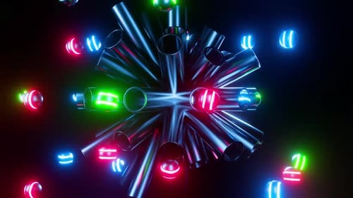Abstract Neon Spheres Explode from Metallic Pipes Animation