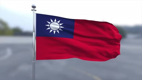 Realistic Taiwan Flag Waving on Pole with Blurred Background