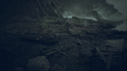 Rugged Coastal Landscape with Rocky Cliffs and Scattered Debris During Dusk