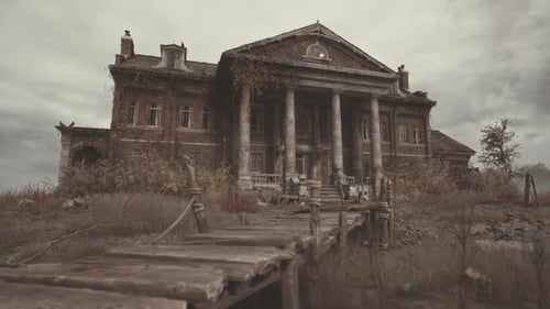 Weathered Wooden Path Leading to an Abandoned Mansion