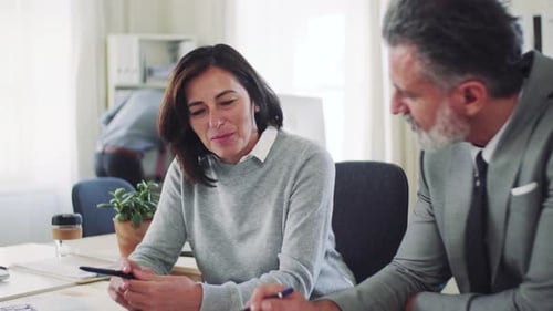 Mature business professionals collaborating on a project in a modern office space