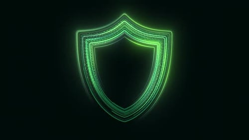 Animated Futuristic Green Shield with Glowing Particle Trails