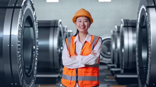 Asian Female Engineer Crossing Her Arms And Smiling To Camera In Metal Factory