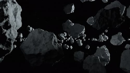 Amazing asteroids field, beautiful cinematic flight through dark deep space asteroid