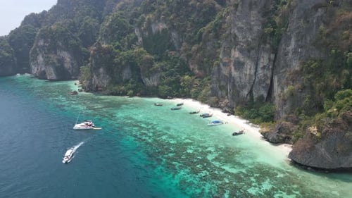 Coast Bay with Parked Boats By Beach Boats Yachts Gondolas Kayaks on Sandy Shore Near Huge High
