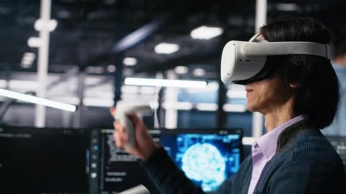 Data Center Engineer Using Virtual Reality Working on Neural Networks