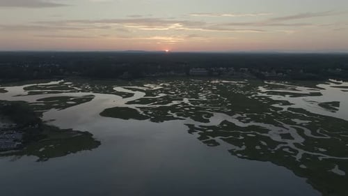Aerial view of Wells marshland at sunset, United States.