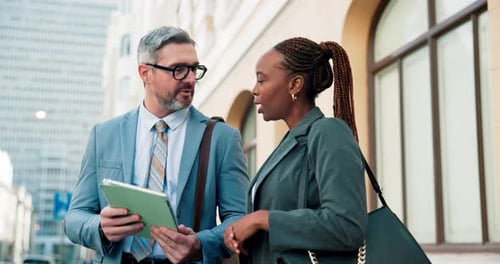 Business, people and talk with tablet in city for travel, planning and explain criminal case