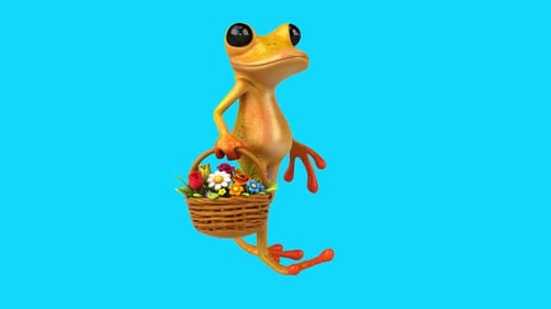 Lustiger 3D-Cartoon-Frosch mit Blumen (auf Alpha)
