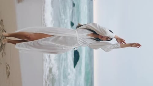 Tender Woman Dancing Beach Cloudy Day Girl Moving Seductively on Shore Vertical