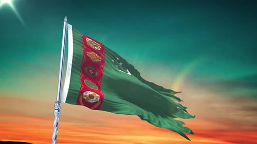 Turkmenistan Flag Waving Against a Vibrant Sunset Sky Loop