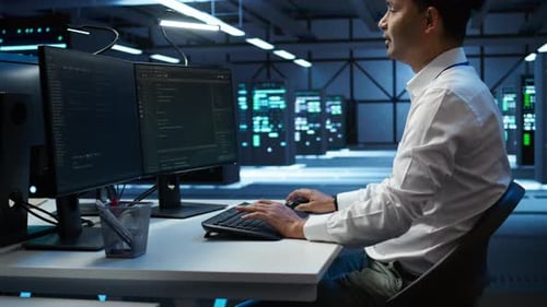 Engineer Overseeing Data Center Making Routine Improvements