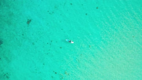 Aerial View of a Woman on a Surfboard in the Turquoise Waters of the Maldives