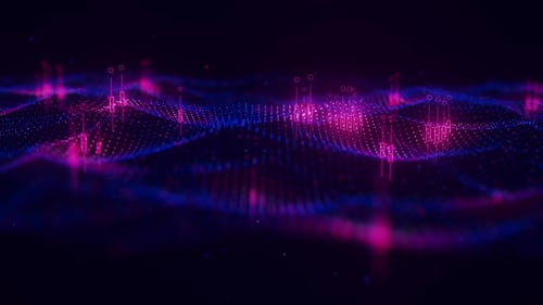 Futuristische Punktwellenbewegung mit Blauvioletttechnologie und leuchtenden Datenpunkten Digitaler KI-Cyberspace