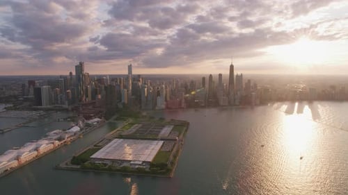 Chicago, Illinois Circa-2019. Aerial View of Chicago at Sunset. From Helicopter