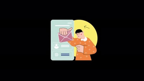 Animated Person Interacting with Mobile App to Send Mail