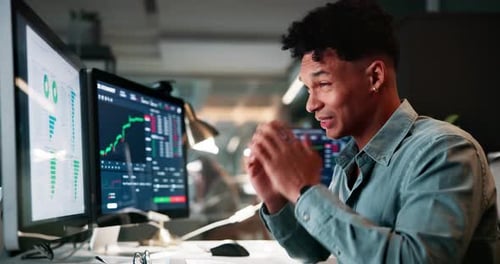 Business, man and headache of trading on computer at night with stock market statistics