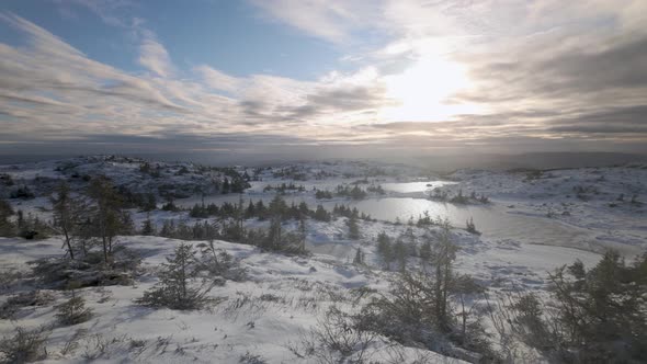 Dramatic Sunrise Over Snowscape Nature In Norway During Winter. Panning ...