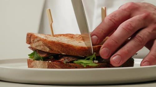 American Pastrami Sandwich in New York Ham Meet Cuts Chef Cooking Famous Thick Cut Sous Vide Beef