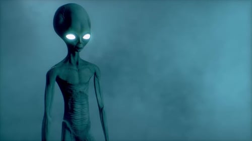 Scary Gray Alien Standing and Blinking at the Dark