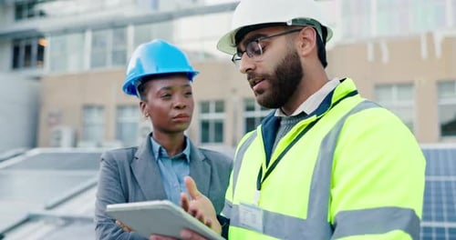 Bauarbeiter, Tablet und Leute mit umweltfreundlichem Ingenieur und Teamwork auf dem Dach für die Installation