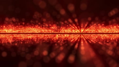 Partikellaser, glatte Linie von Lichtpunkten, Lichtshow, Bewegung von leuchtenden orangefarbenen Goldpartikeln