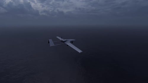 Realistic Military Drone Flying Over Dark Ocean Under Cloudy Sky