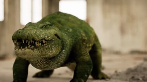 Un crocodile explore un bâtiment abandonné dans un environnement naturel unique