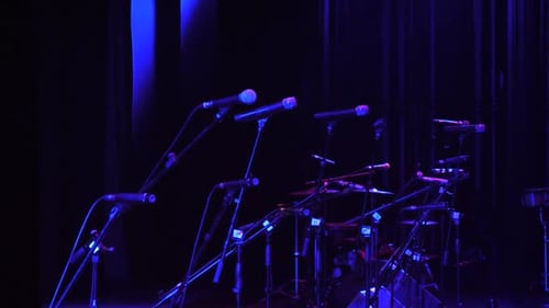 microphones set at concert stage warmup soundcheck