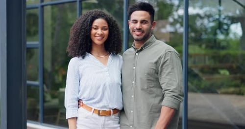 Couple, real estate and smile outdoor of new home, property and mortgage loan