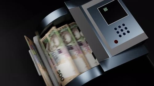 500 Ukrainian hryvnia in cash dispenser. Withdrawal of cash from an ATM.