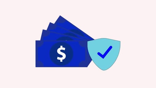 Creative finance and investment animation with a shield for security, blue cash stacks and green
