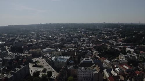 Drone aerial video in central part of old city of Lviv, Ukraine