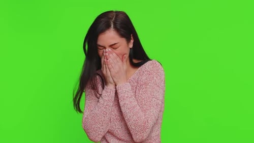 Woman with Cold Symptoms Coughing on Green Screen
