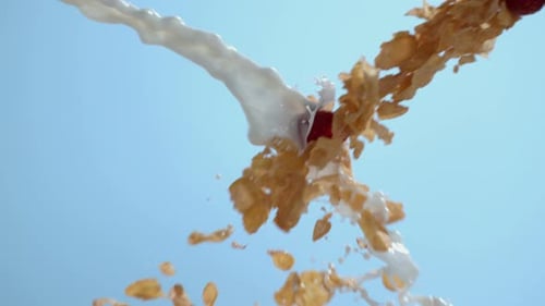 Corn flakes and milk pouring with raspberries against sky