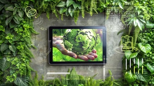 Green World in Hand on Tablet with Environmental Technology Data Analysis