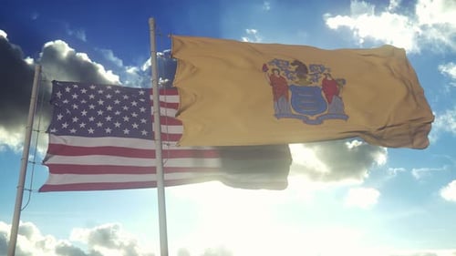 American and New Jersey State Flags Waving in Sunny Blue Sky