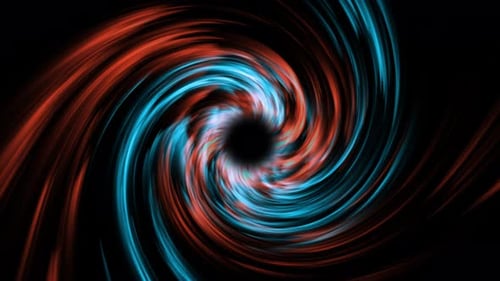 A dark background on which spiral rotations of colored particles form a tunnel. Red and blue particl