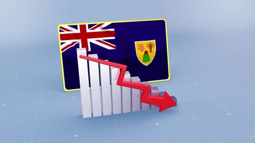 Turks And Caicos Islands Flag with Graph & Red Arrow Decreasing Values