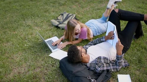 College-Studenten arbeiten an einem sonnigen Tag gemeinsam an einem Projekt im Park