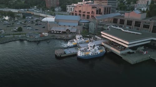 Drone Shot of a Passenger Ferry Cruising Between Halifax and Dartmouth Canada