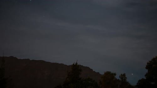 Time Lapse of stars and clouds moving past a mountain and trees in foreground 4K.