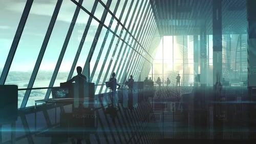 Animated Digital Interface Overlay in Futuristic Corporate Setting
