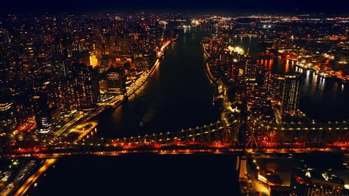 Footage along the Queensboro Bridge over the East River. Splendid panorama of New York, the USA