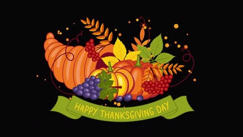 Fröhliche Thanksgiving-Animation mit Füllhorn und Kürbissen auf Alpha