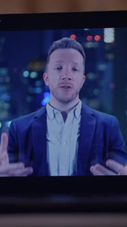 Professional Presenter Set Against a Captivating Cityscape Background Engaging the Audience