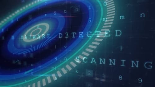 Animation of scope scanning and cyber attack warning text on grid in background