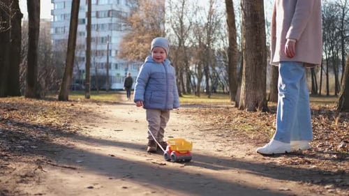 Happy Family Outdoor Back View of Mother and Her Child on Walk in Park Mom Walking Along Road with
