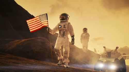 Astronaut on Mars Holding the American Flag